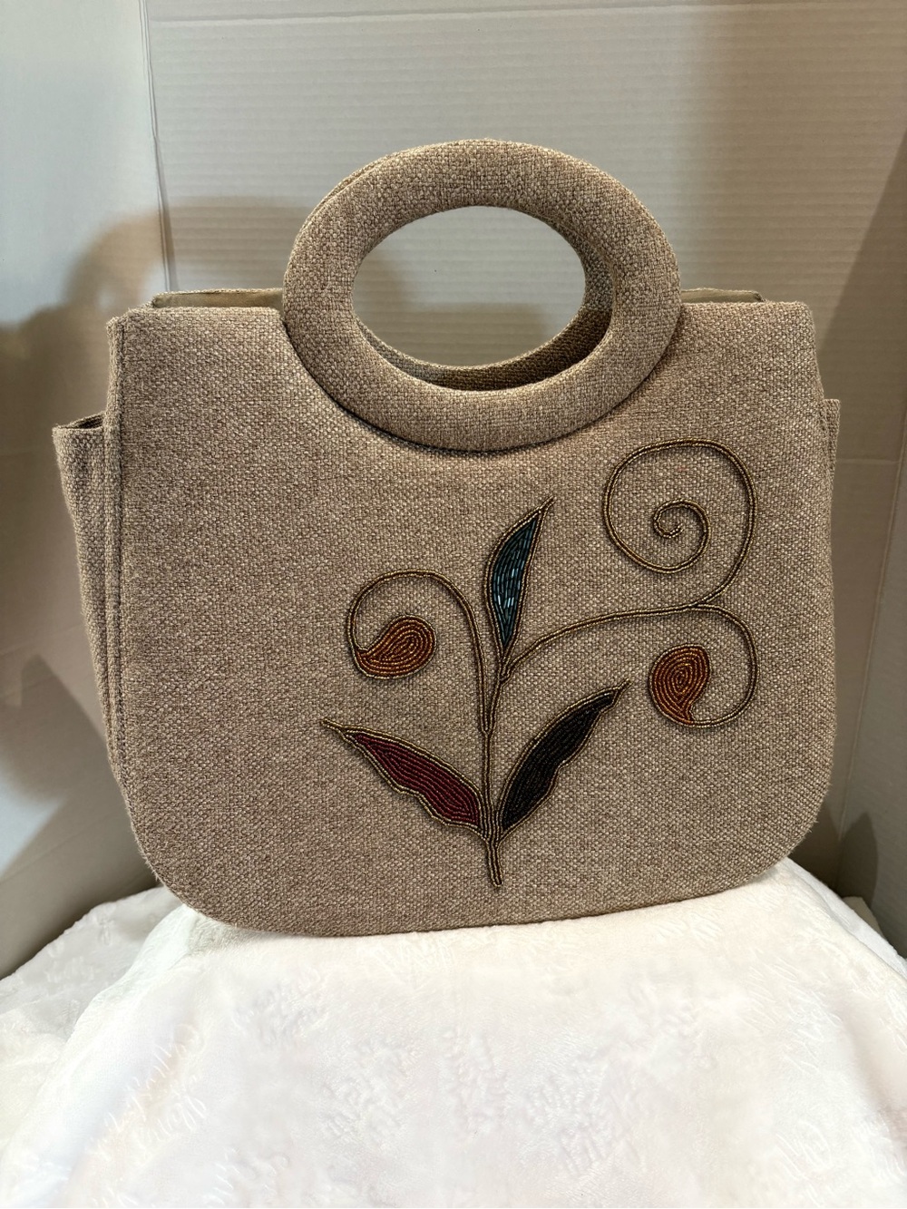 BOHO CANVAS FALL LEAF EMBROIDERED BEADING DUAL HANDLE HANDBAG SO PARTY PERFECT